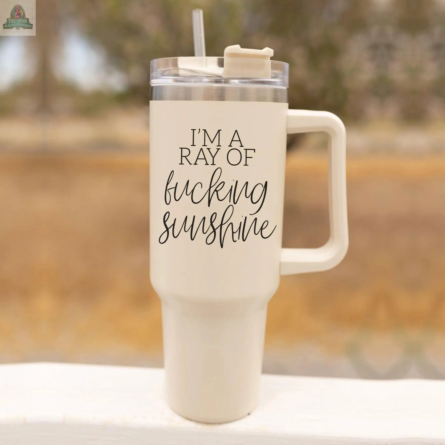The Ray of Sunshine 40oz beige travel mug with lid and straw sits on a white surface, featuring "IM A RAY OF fucking sunshine" printed in bold black script and block letters on the front.