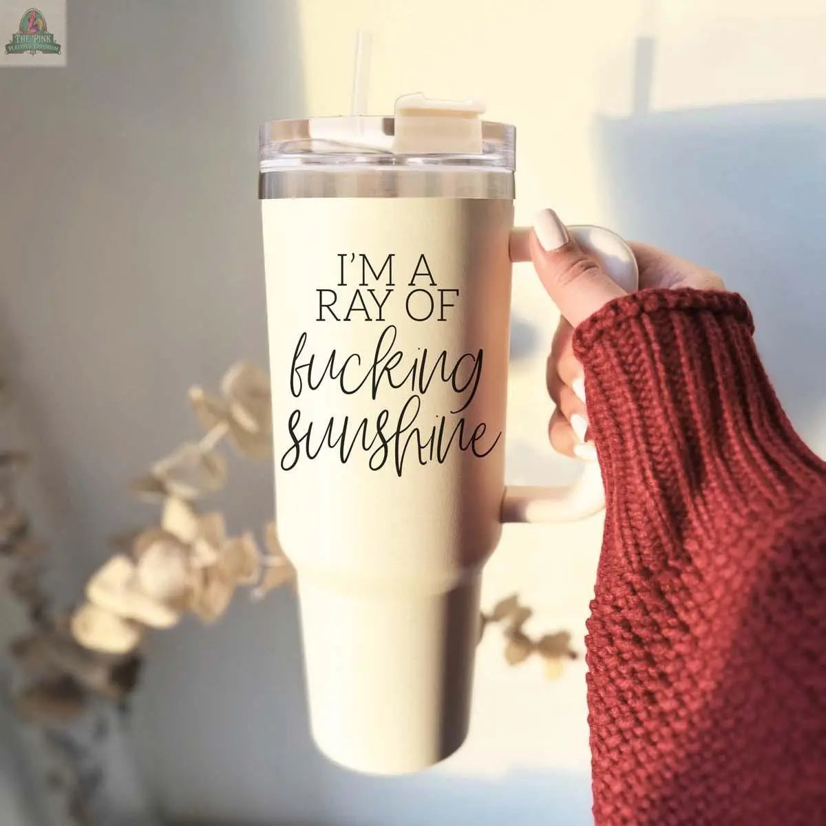 A hand in a red knit sweater holds the Ray of Sunshine 40oz insulated travel mug with “I’M A RAY OF fucking sunshine” text. Soft sunlight and blurred dried plants glow in the background.