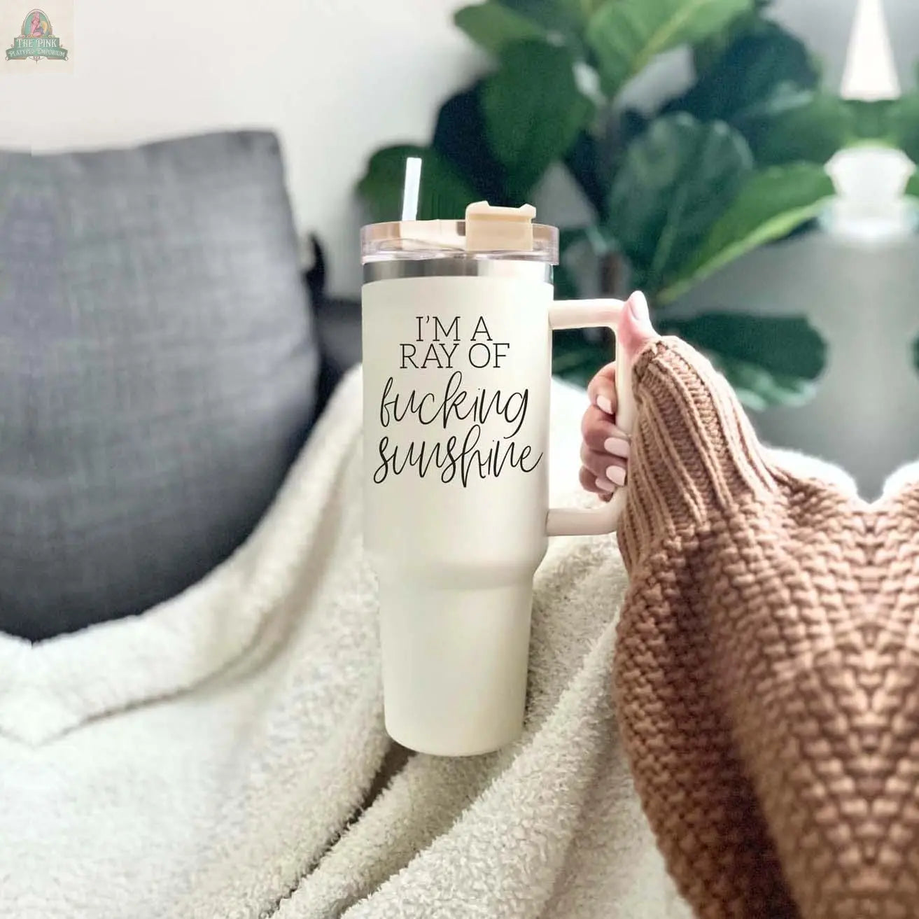 A person in a cozy brown sweater holds the Ray of Sunshine 40oz insulated mug with a straw, featuring the phrase "I'M A RAY OF f*cking sunshine." A blanket, pillow, and green plant are visible in the background.