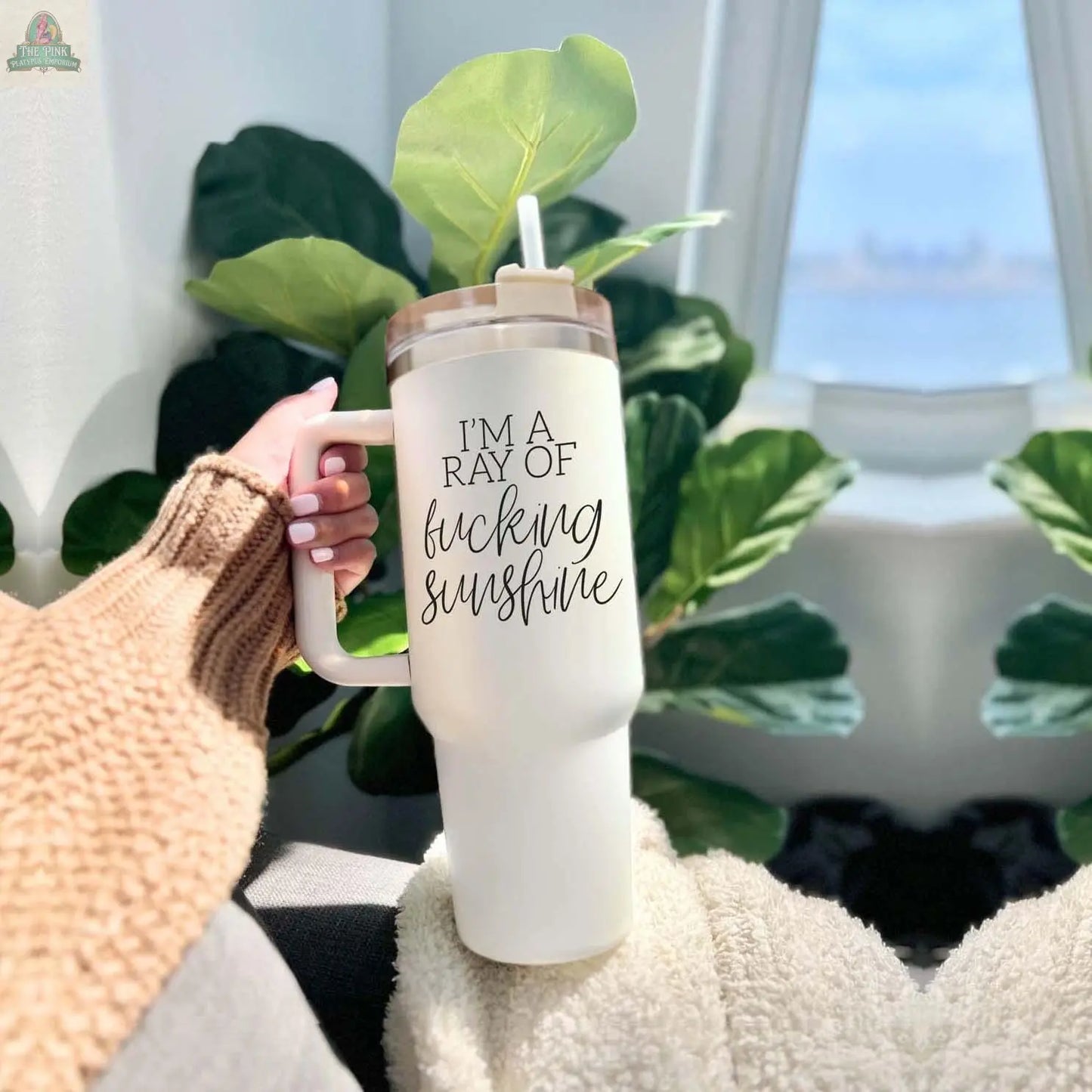 A person in a brown sweater holds the Ray of Sunshine 40oz white mug with a straw, featuring the phrase "IM A RAY OF fucking sunshine." Green plants and sunny windows are visible in the background.