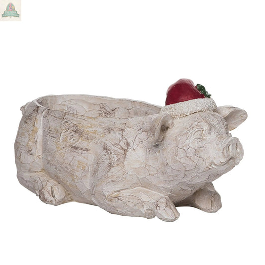 The Resin 10.5 in. Cream Christmas Pig/Cow Container features a pig in a red Santa hat with holly, lying down with a planter opening on its back—perfect as a festive resin home accent for your holiday décor.