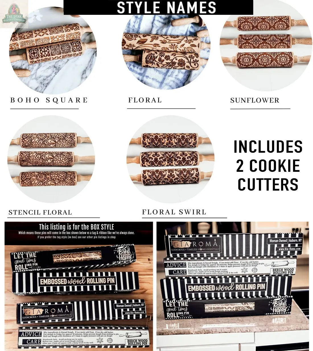 Rolling Pins - Box Style: Set of 5 embossed wooden rolling pins in patterns like Boho Square and Sunflower, shown above boxed packaging. Includes 2 cookie cutters—makes a perfect baking gift.