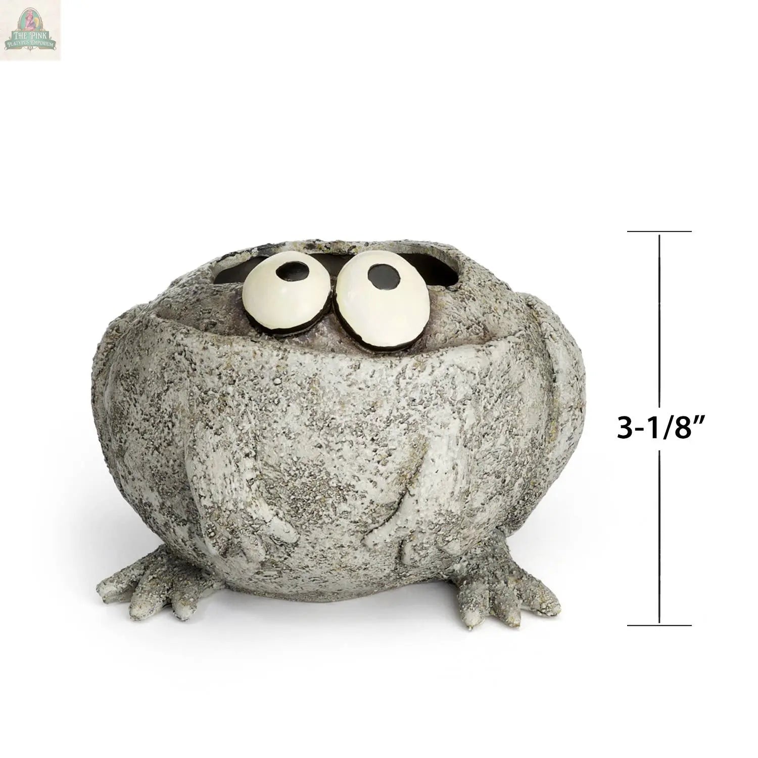 The Romeo or Finneas Mini Frog Blobhouse Planter by Pink Platypus Emporium is a 3-1/8" tall, round, textured planter with big eyes and small feet—ideal for indoor gardens and shown against a white background.