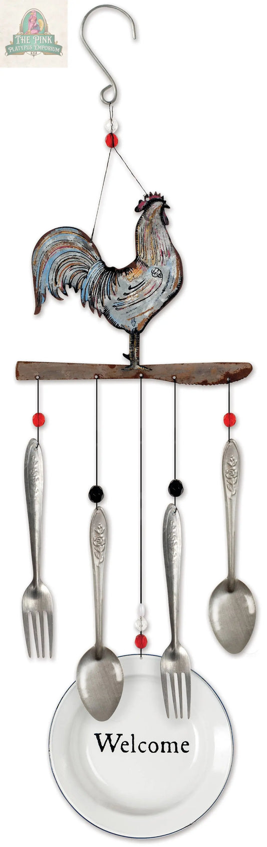 Rooster in the Kitchen Metal Wind Chime Garden Decor 92153 Pink Platypus Emporium