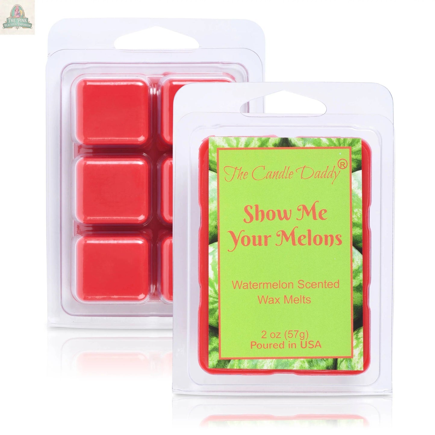 Two packs of SHOW ME YOUR MELONS - RIPE JUICY WATERMELON SCENTED MELT are shown in clear plastic packaging, one with the label facing forward and the other showing six wax cubes—perfect for aromatherapy and a fresh watermelon scent.