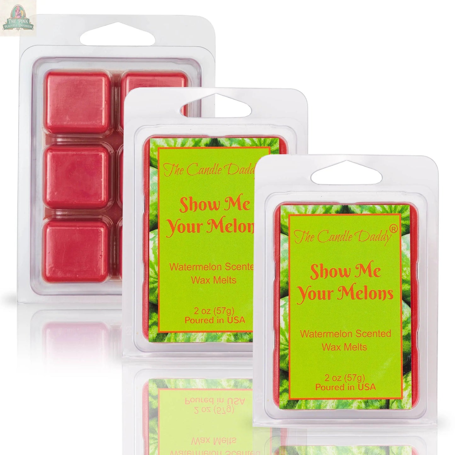 Three packs of SHOW ME YOUR MELONS - RIPE JUICY WATERMELON SCENTED MELT are shown; two in clear packaging with green and red labels, and one revealing six red cubes ideal for aromatherapy.