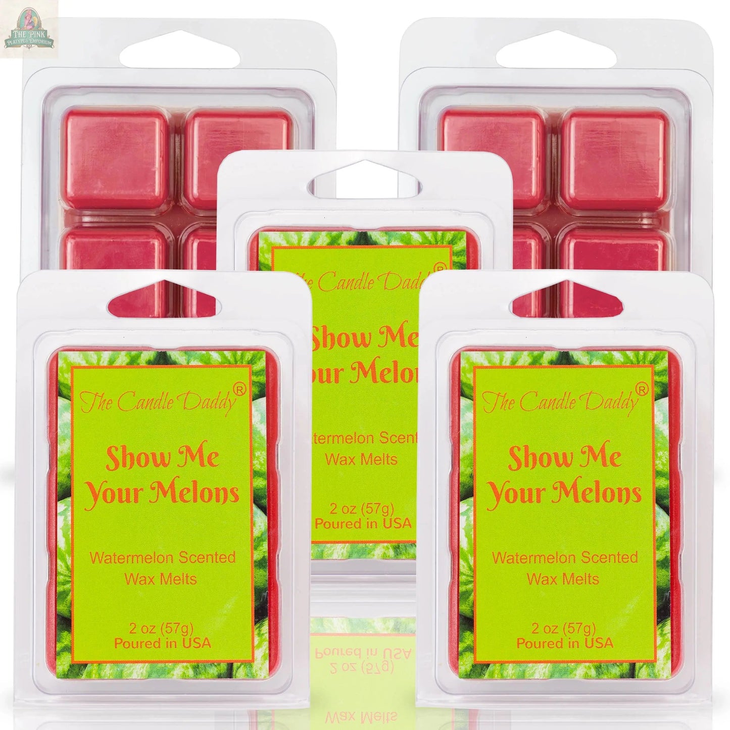 Five packs of SHOW ME YOUR MELONS - RIPE JUICY WATERMELON SCENTED MELT feature green labels and red wax cubes in clear clamshells—ideal for aromatherapy or bringing a fruity watermelon scent to any room.