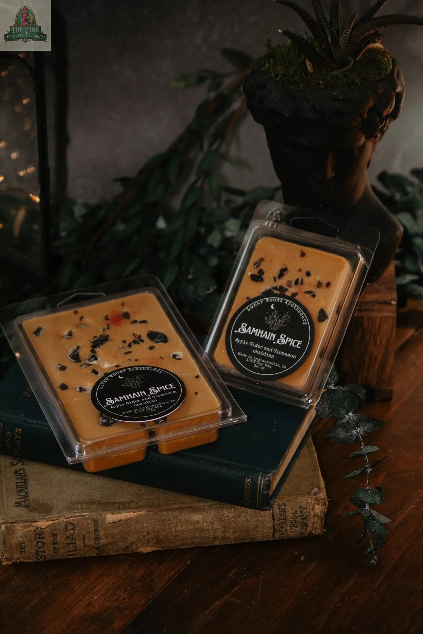 Two “Samhain Spice — Witchy Wax Melts” clamshells rest on vintage books amid green foliage, with a black decorative bust and a small plant nearby—evoking autumn spice vibes on a wooden surface.
