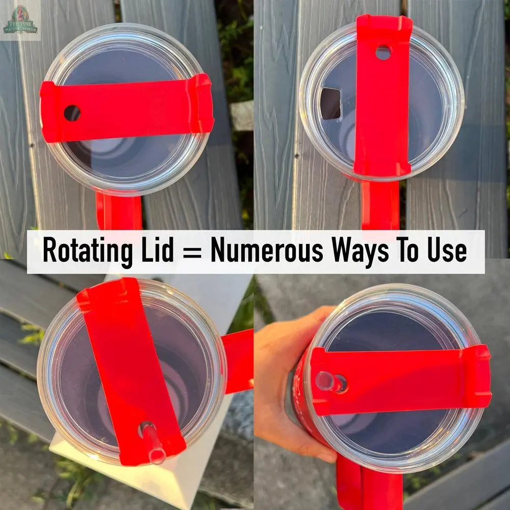 Four images display the Santa's Ho 40oz insulated mug with a red rotating lid offering various drinking openings. Center text reads "Rotating Lid = Numerous Ways To Use." The mug is shown outdoors on a gray bench.