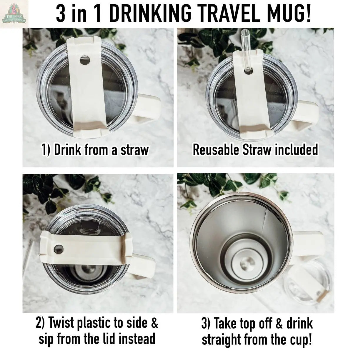 Four-panel infographic of the Sassholes 40oz insulated mug with white lid. Top left: drink with a straw; top right: includes reusable straw; bottom left: twist lid to sip; bottom right: remove lid to drink. Text: 3 in 1 40oz TRAVEL MUG!.