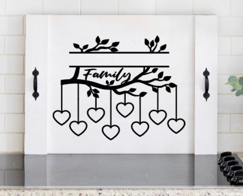 Pink Platypus Emporium personalized family tree stove cover customized with family last name and individual names on hanging hearts.