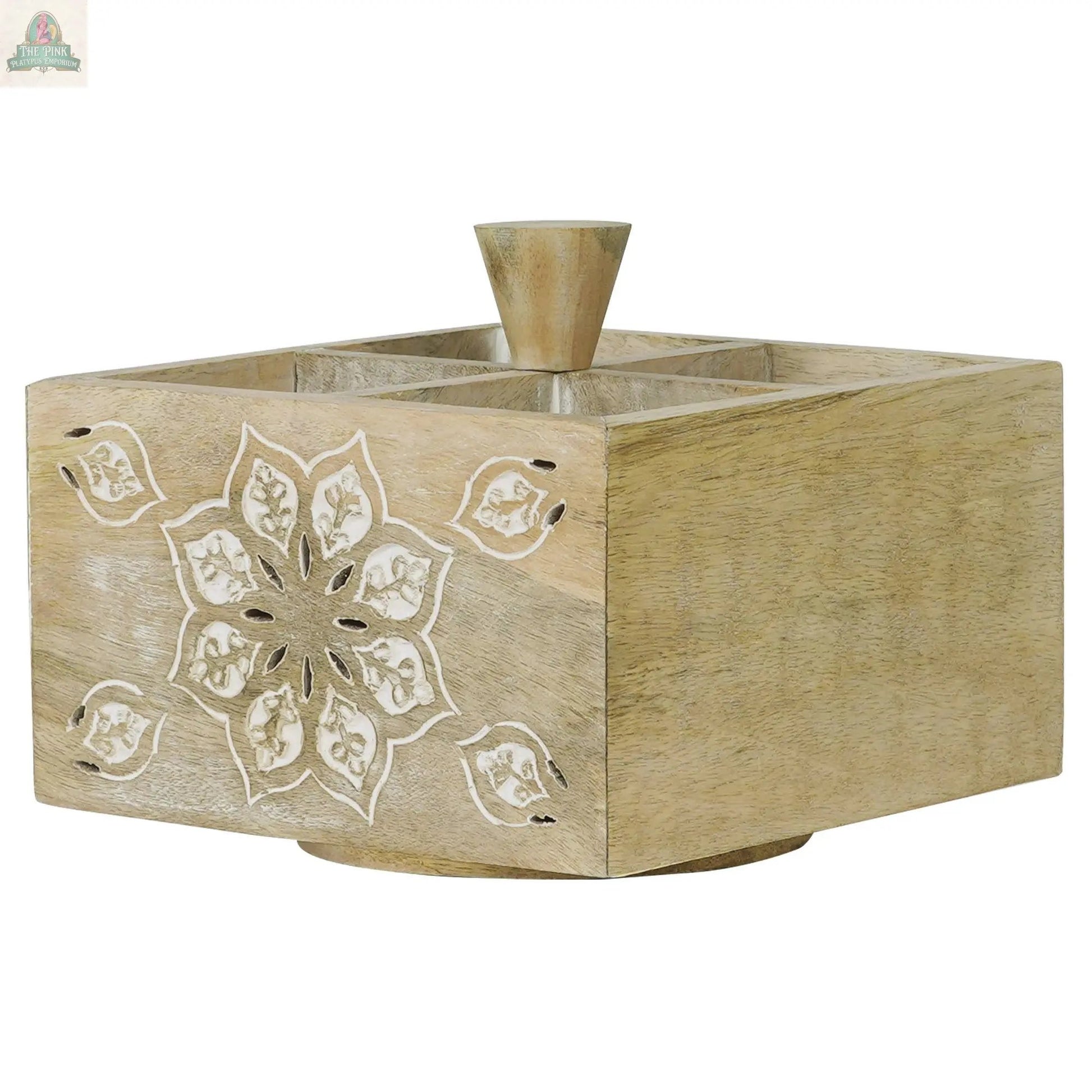 The Serena Spinner 4 Quad in Whitewash is a square wooden pencil holder with a white floral design, a round knob on top, and a rotating base—ideal as a stylish desk organizer.