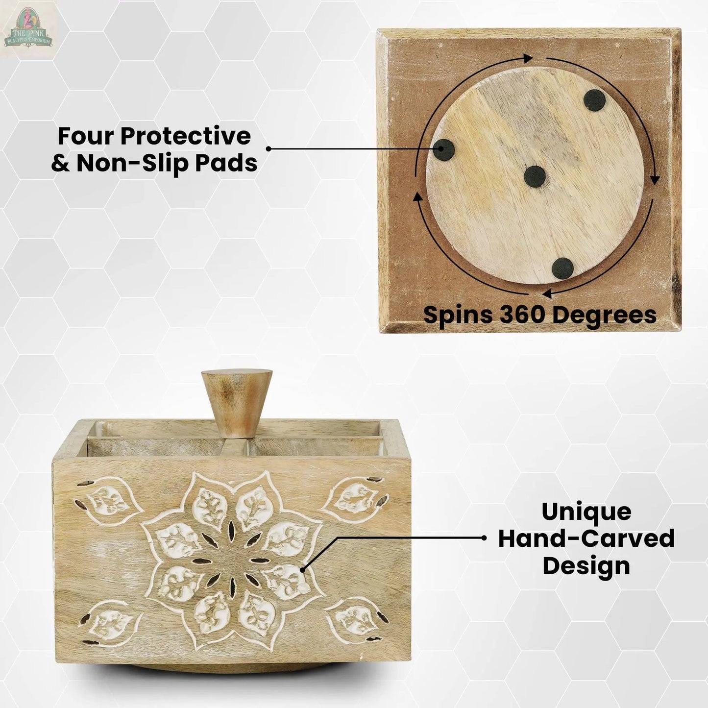 The Serena Spinner 4 Quad in Whitewash is a wooden desk organizer with a floral hand-carved design and knob, shown from the side and bottom. The bottom view reveals four black non-slip pads and highlights its 360° spinning pen holder feature.