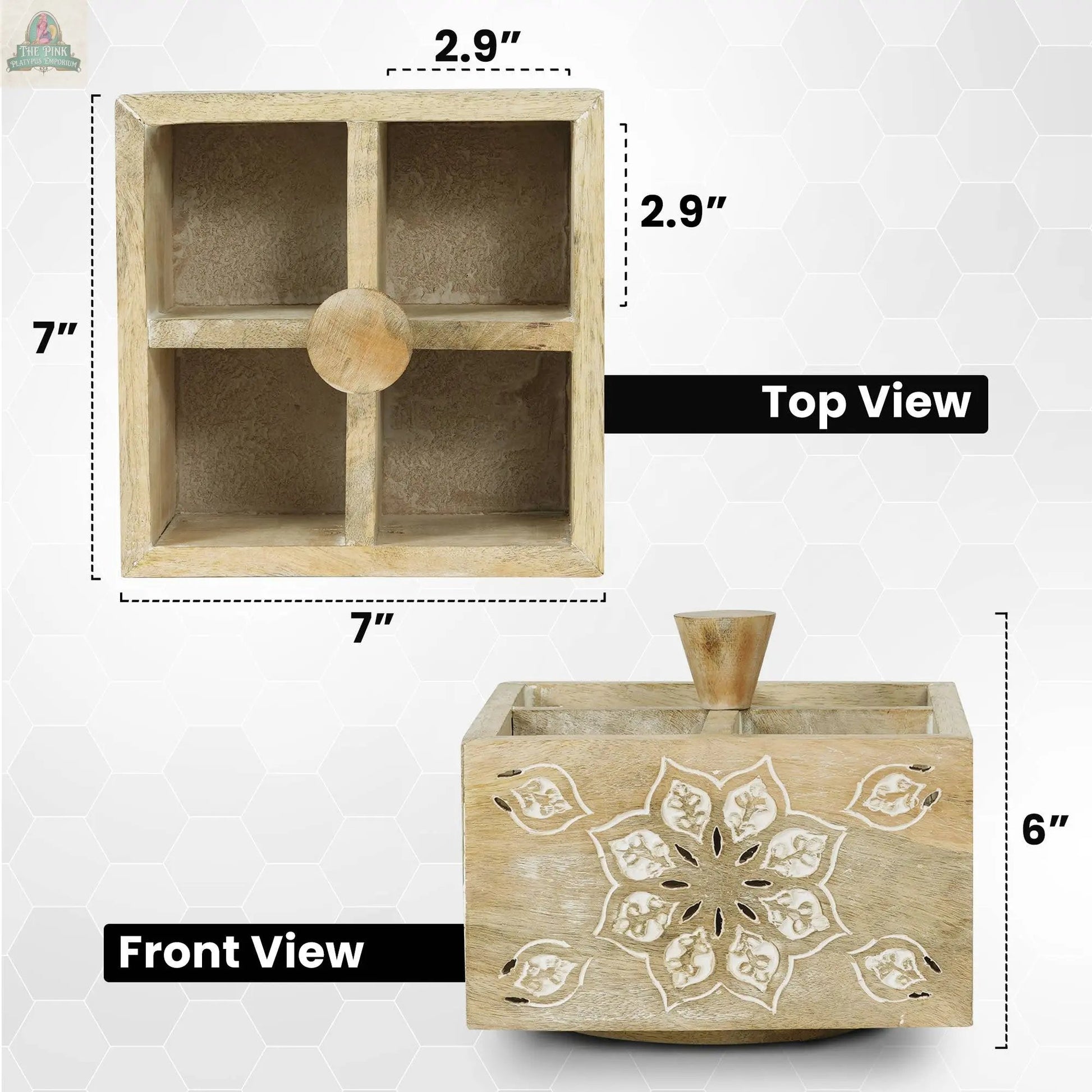 Top and front views of the Serena Spinner 4 Quad in Whitewash: a wooden desk organizer with four square compartments, round knob, floral carving, and measurements 7x7x6 cm; each compartment is 2.9x2.9 cm.