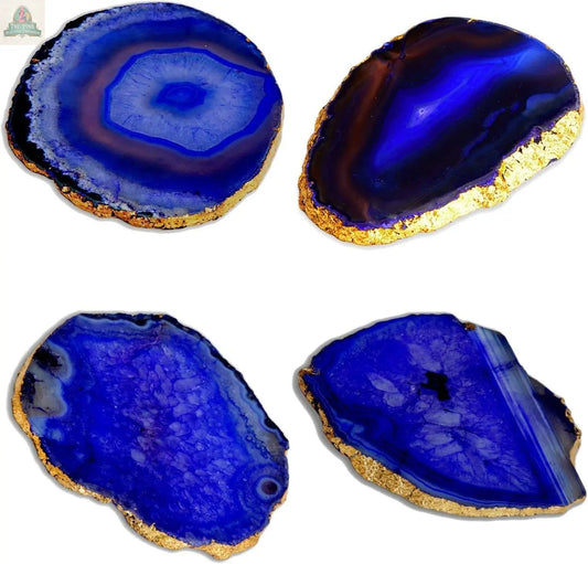 Set of 4 Blue Agate Coasters for Drinks- Gold Edge Pink Platypus Emporium