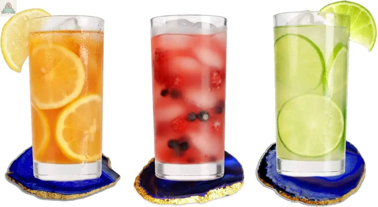 Set of 4 Blue Agate Coasters for Drinks- Gold Edge Pink Platypus Emporium