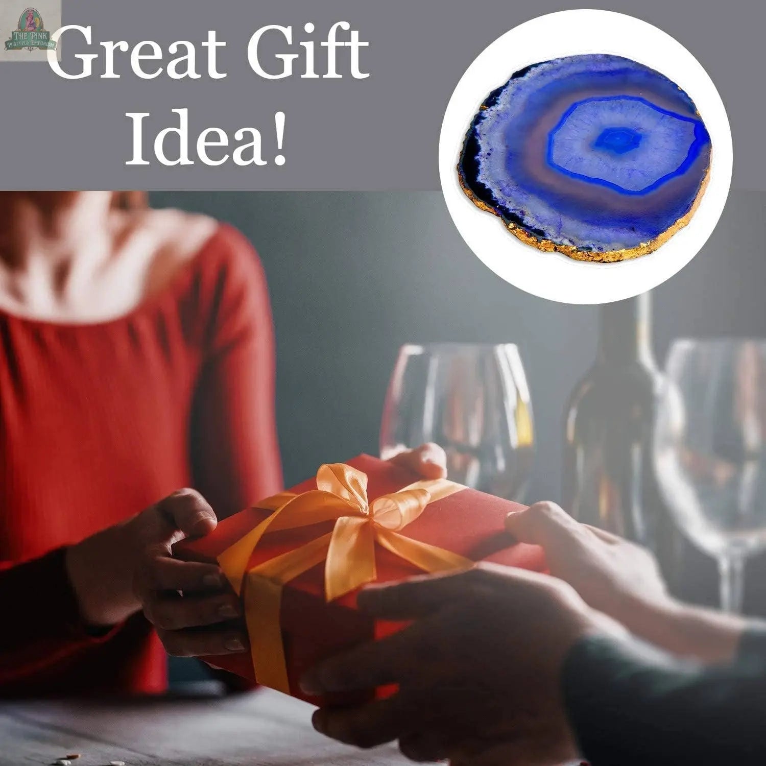 Set of 4 Blue Agate Coasters for Drinks- Gold Edge Pink Platypus Emporium