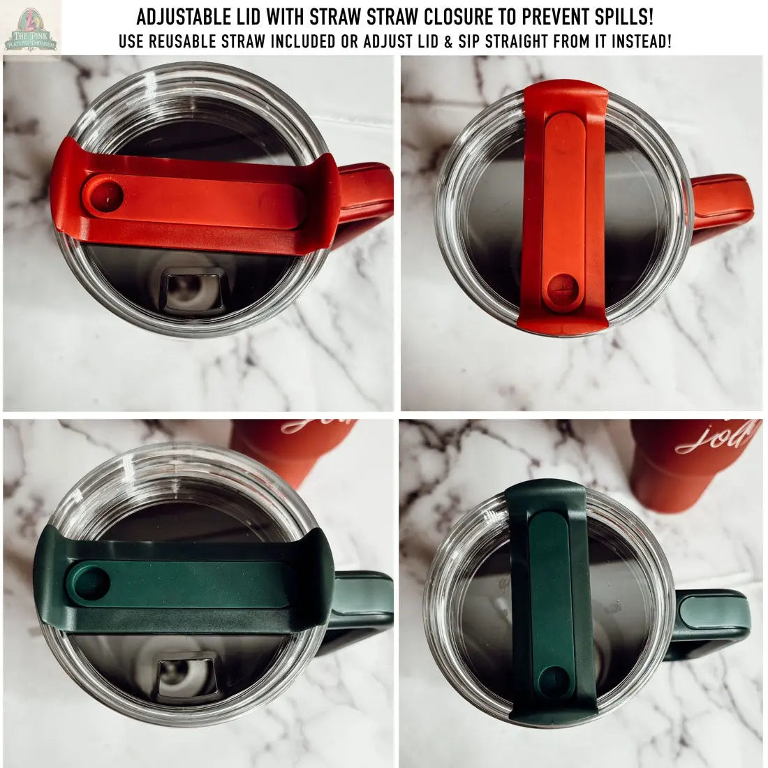 Four images of the Silent Night 40oz tumbler with adjustable lid: two feature the red lid open and closed, and two show the green lid open and closed. The insulated mug is spill-proof, straw-compatible, and makes a perfect Christmas gift.