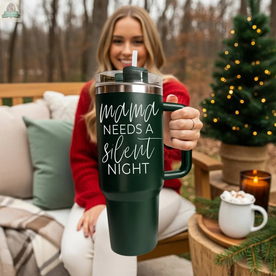 A woman sits outdoors on a cozy bench, holding the Silent Night 40oz tumbler that reads "Mama needs a silent night." With holiday decor nearby, it’s a perfect Christmas gift idea.