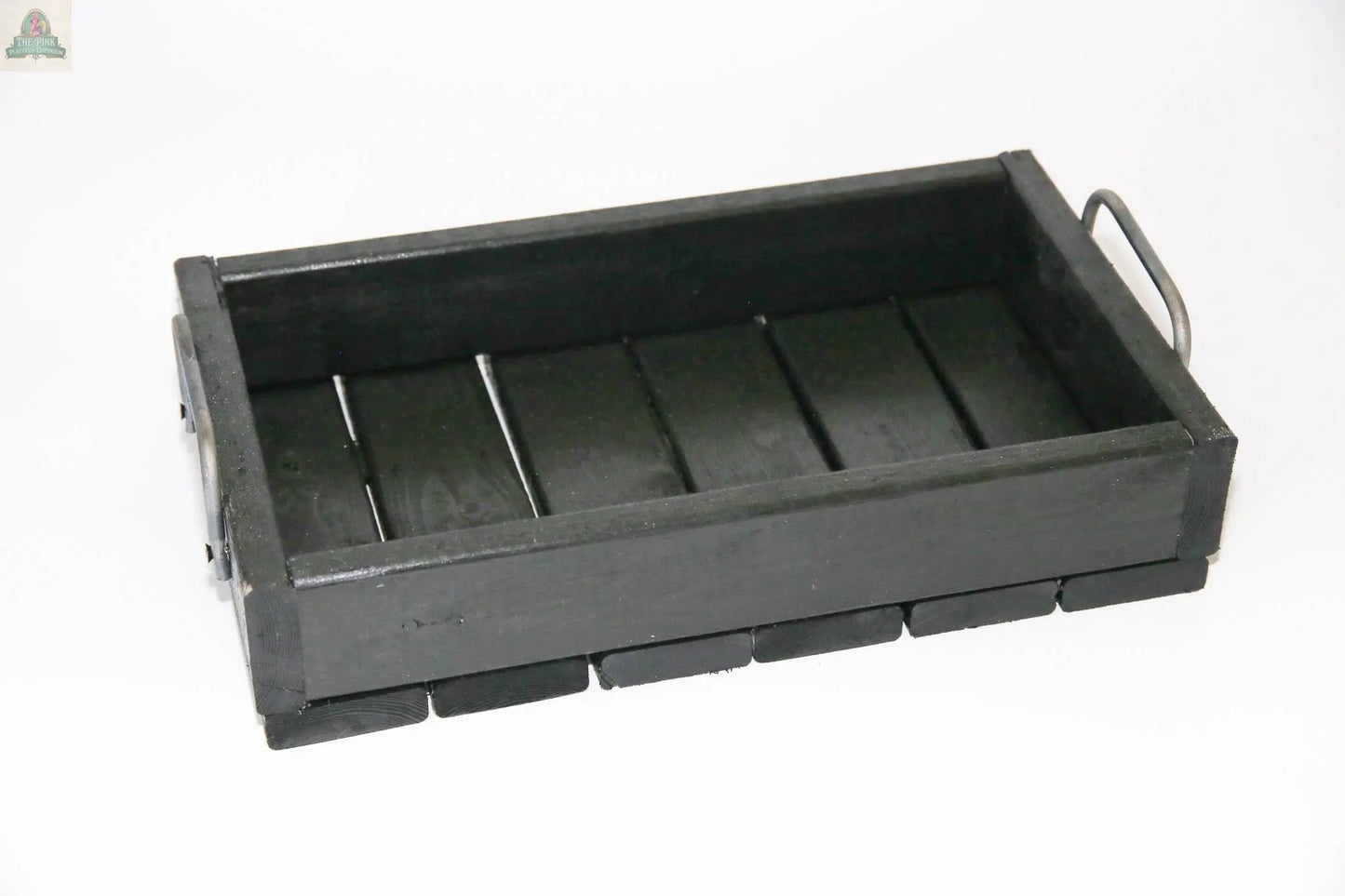 The Small Wood Tray: Distress Tray (14.5" x 8.5" x 3.25") is an American-made rectangular tray with a black slatted wooden base and metal side handles, shown against a white background.