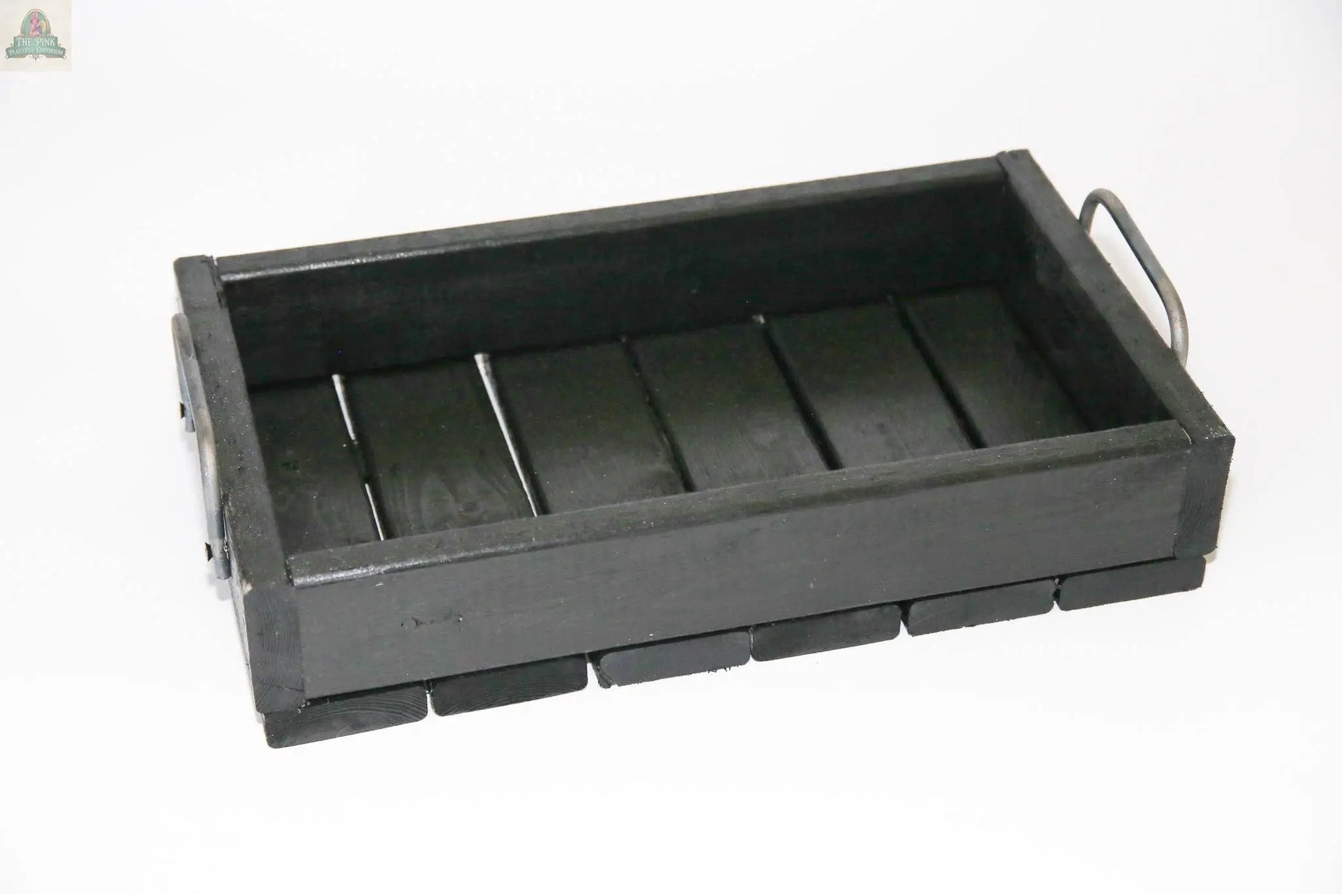 The Small Wood Tray: Distress Tray (14.5" x 8.5" x 3.25") is an American-made rectangular tray with a black slatted wooden base and metal side handles, shown against a white background.