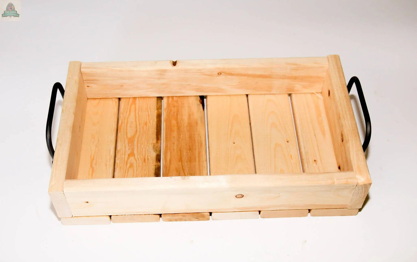 The Small Wood Tray: Distress Tray (14.5" x 8.5" x 3.25") is a rectangular American-made wooden tray with side handles, a natural distressed finish, and a slatted bottom, shown against a plain white background.