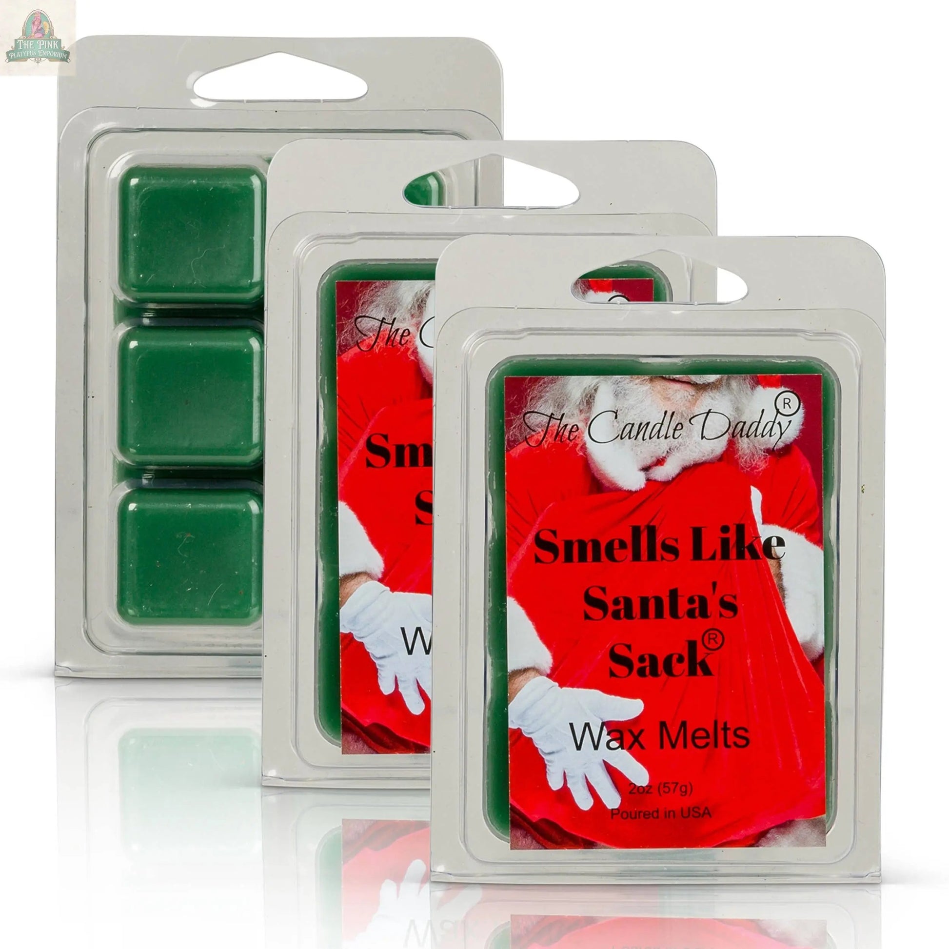 A single pack of Smells Like Santa’s Sack - Christmas Brown Sugar Fig Wax Melts by The Candle Daddy is shown with festive packaging featuring a person in a red Santa suit holding a sack. One pack displays the front label and wax melts inside.
