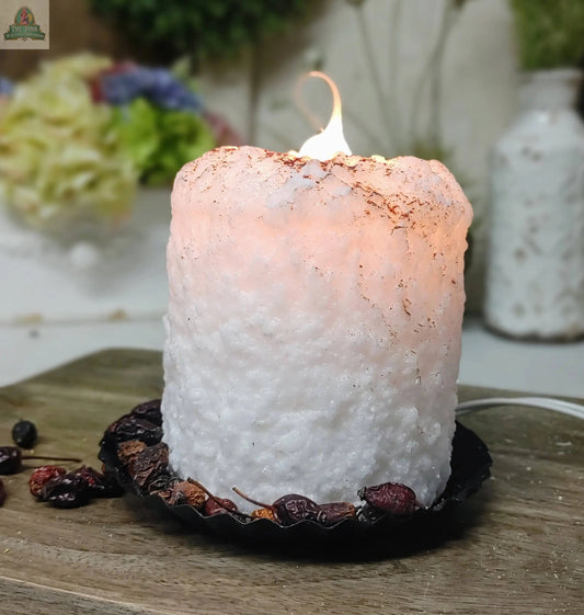 A large white Snickerdoodle Electric Candle glows on a black tray with dried flowers and berries, resting on wood. Blurred flowers and a white vase appear in the background.