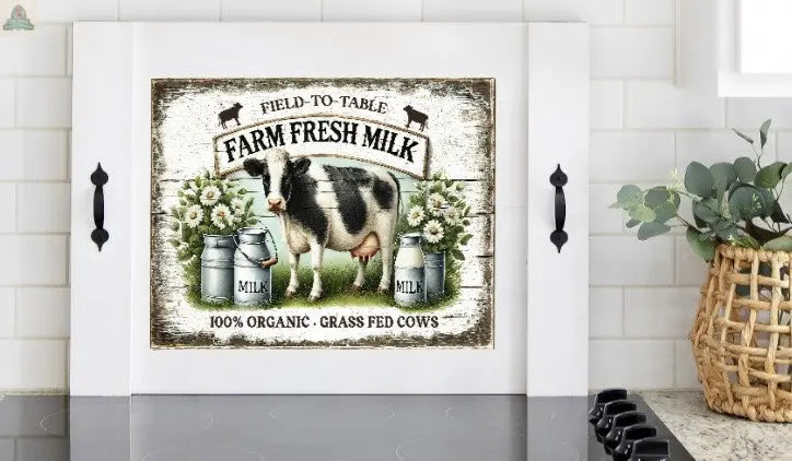 stove cover with far fresh milk and cow. Pink Platypus Emporium