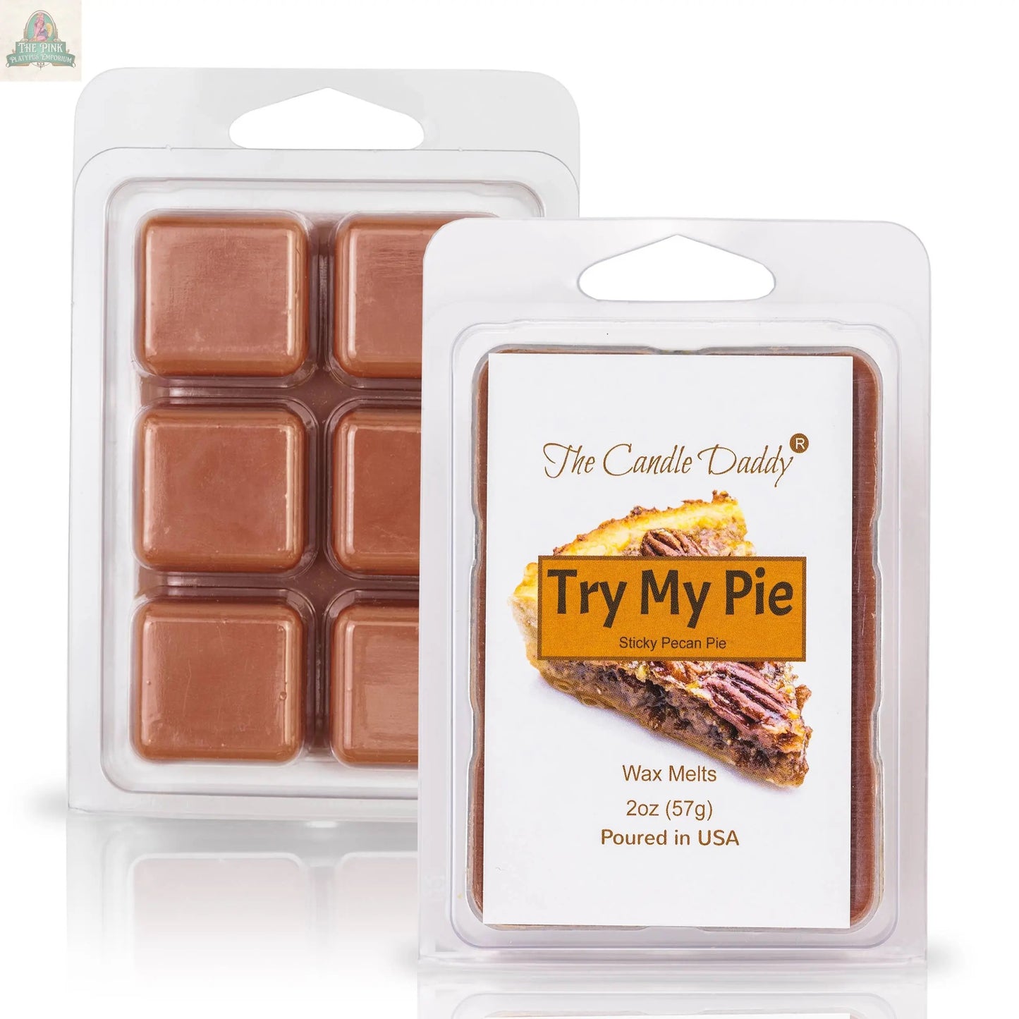 One pack of TRY MY PIE - STICKY PECAN PIE SCENTED WAX MELT by The Candle Daddy with six brown cubes. Ideal for aromatherapy, the front shows a delicious pecan pie image.