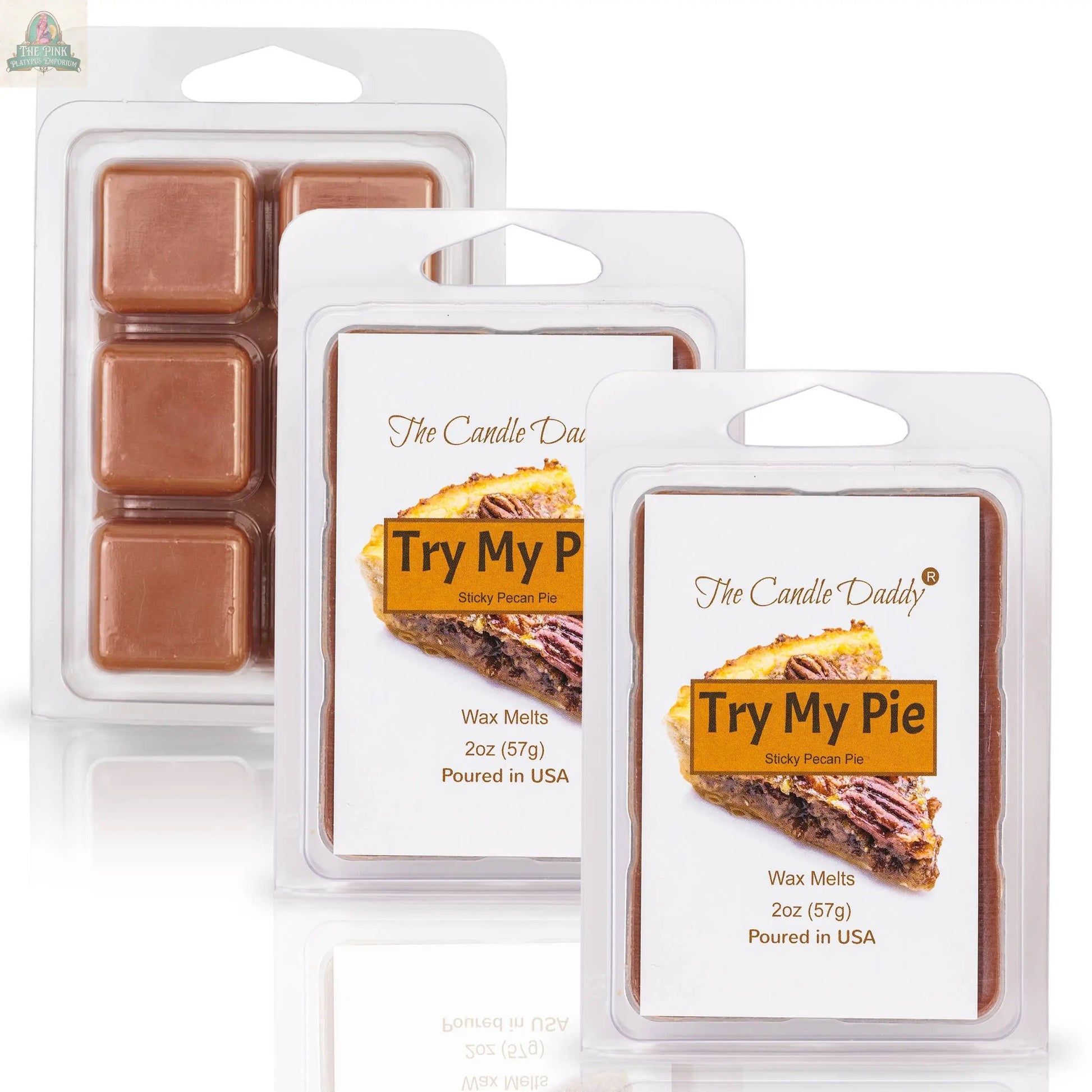 One pack of The Candle Daddy's TRY MY PIE - STICKY PECAN PIE SCENTED WAX MELT contains six brown cubes and features a label with pie imagery, offering a delicious pecan pie aroma for cozy spaces and aromatherapy.