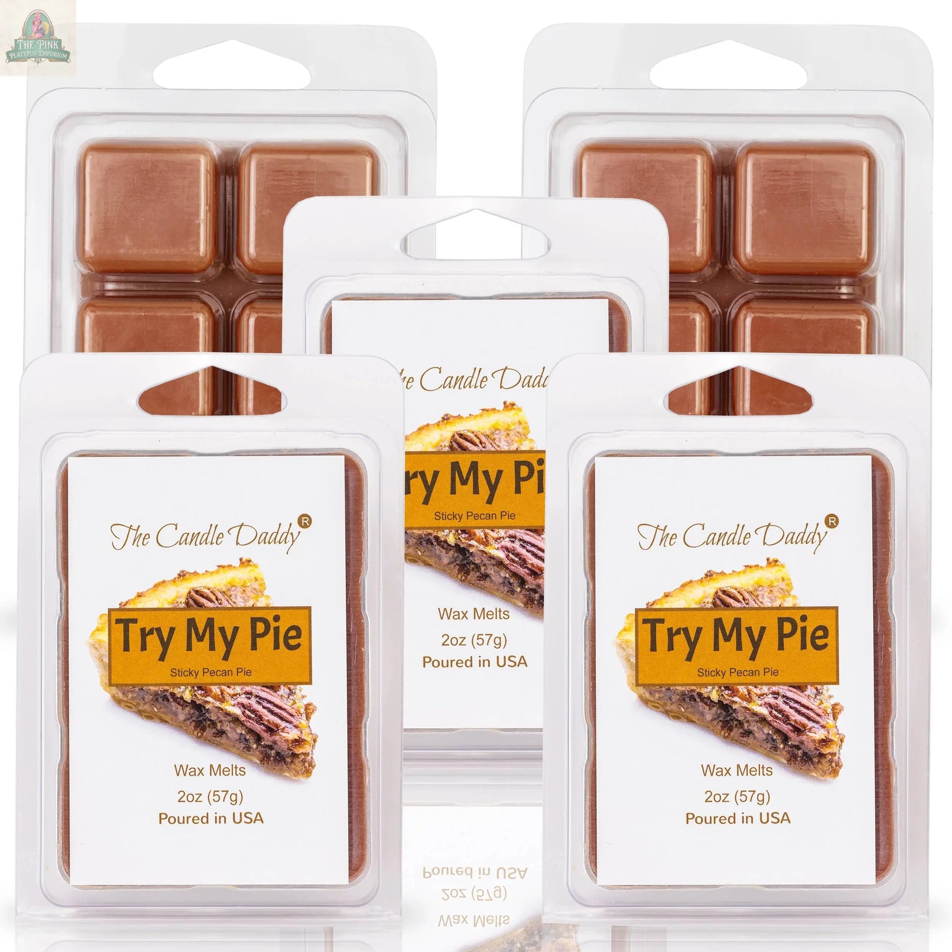 One pack of TRY MY PIE - STICKY PECAN PIE SCENTED WAX MELT features six brown cubes in clear plastic packaging with a pie slice graphic—perfect for aromatherapy or anyone who loves scented wax melts.