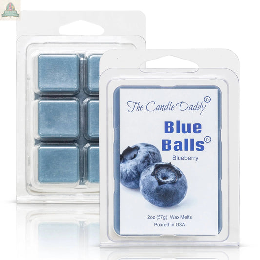 Two clamshells of TWO BLUE BALLS - RIPE BLUEBERRY SCENTED WAX MELT by The Candle Daddy feature metallic blue wax melts with a blueberry aroma for fun aromatherapy and stress relief. Packaging shows two blueberries on the front.