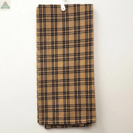 A Tan Kitchen Towel w/ Black Lines hangs neatly on a white hook against a plain light-colored wall.