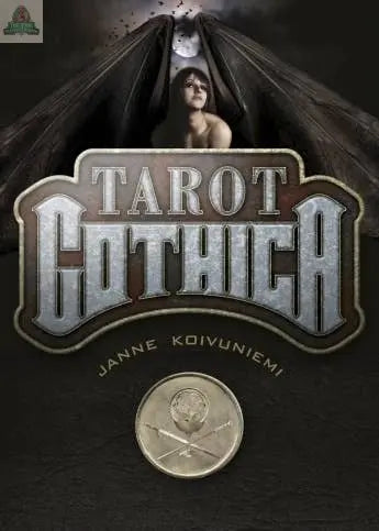 The image shows the cover of Gothic Tarot by REDFeather. At the top, a winged, shirtless figure sits before a full moon. Below, bold metallic text reads Gothic Tarot—a striking example of gothic art in tarot cards.