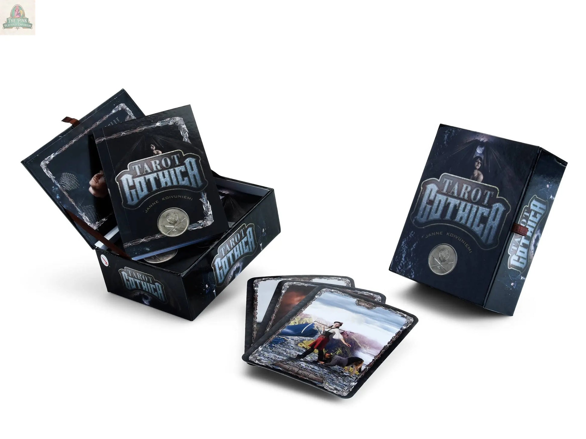 The Gothic Tarot by REDFeather is displayed, with some cards fanned out to showcase vivid fantasy artwork. Both the cards and their dark-themed box feature silver lettering and stunning gothic designs.