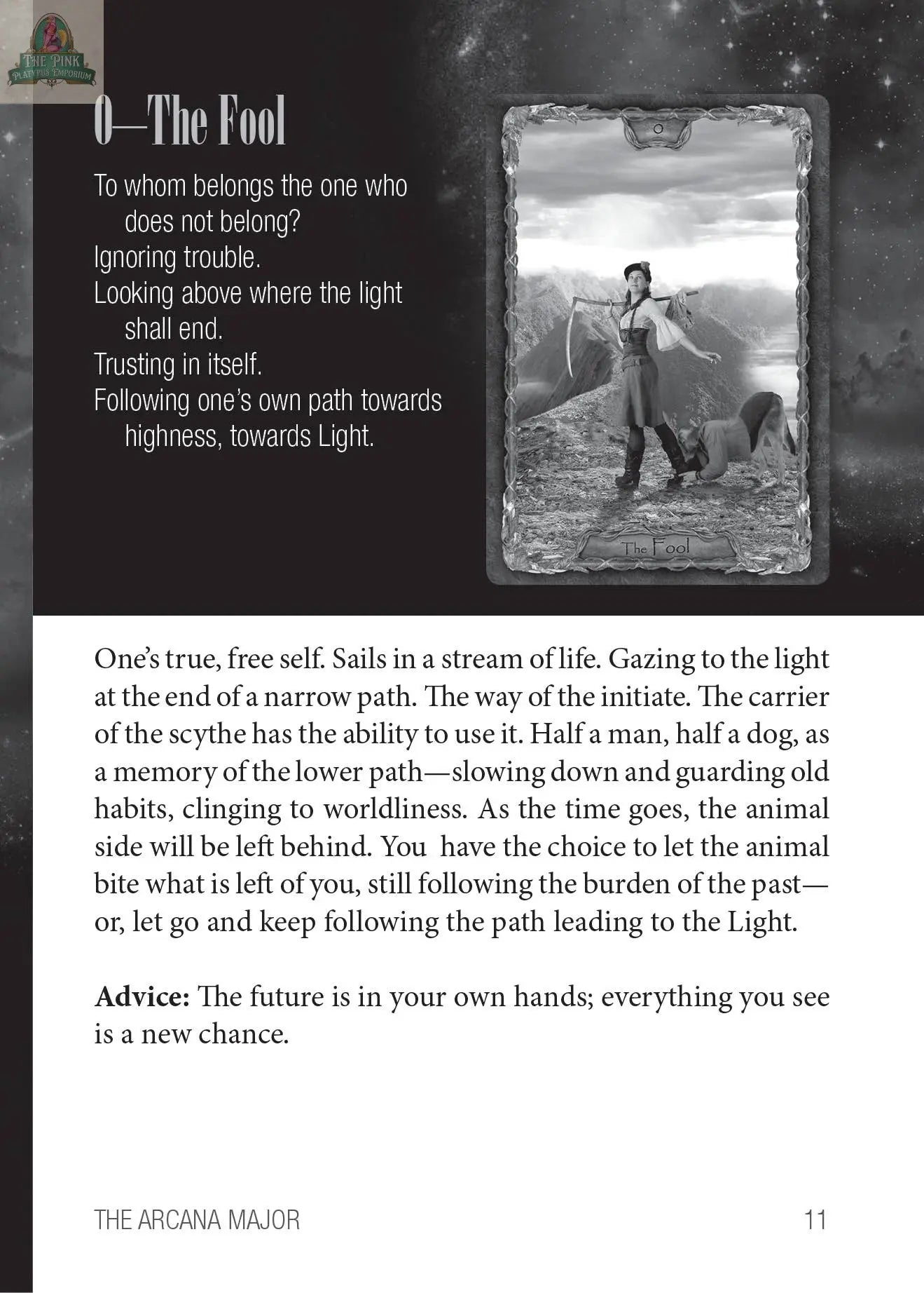 The REDFeather Gothic Tarot’s 0—The Fool card shows a half-human, half-dog figure standing in water and gazing down a lit path. Explanatory text around the card reveals its symbolism and guidance.