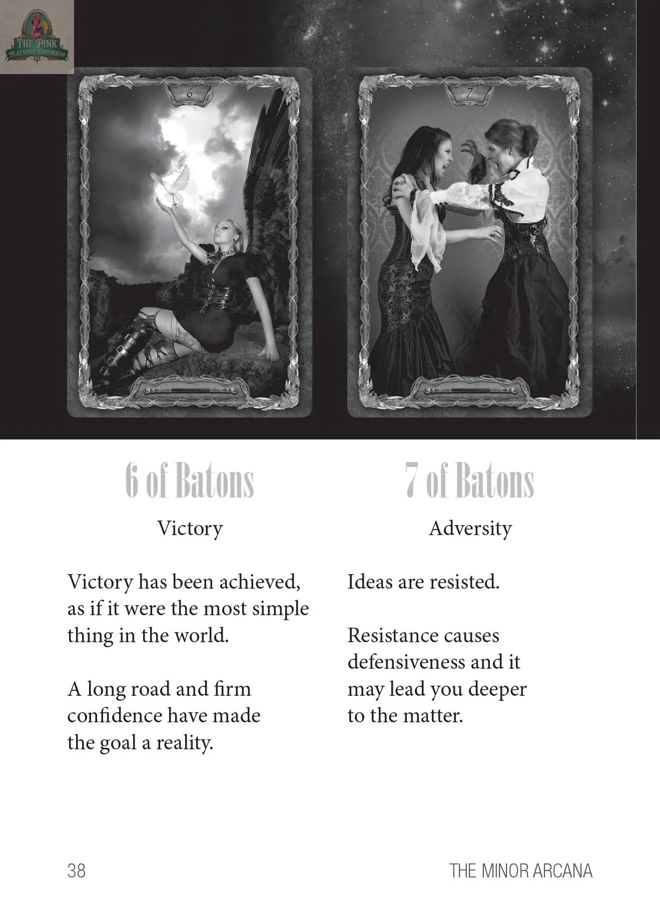 Two Gothic Tarot cards from REDFeather's Gothic Tarot—the 6 of Batons (a victorious winged woman) and the 7 of Batons (two in conflict)—face off on a black-and-white page, blending gothic art with themes of triumph and challenge.