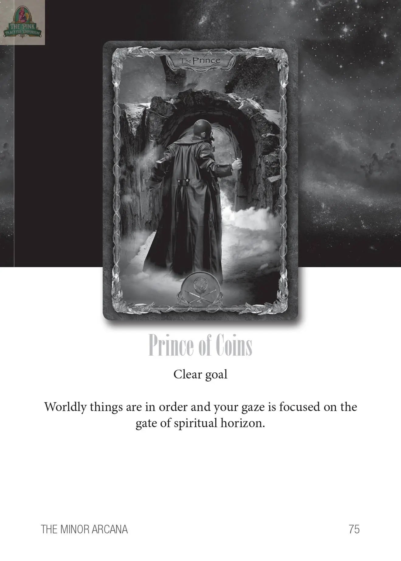 The Gothic Tarot by REDFeather features the Prince of Coins card, depicting a cloaked figure heading toward a stone archway under a starry sky. The text below highlights having a clear goal and focusing on the spiritual horizon.