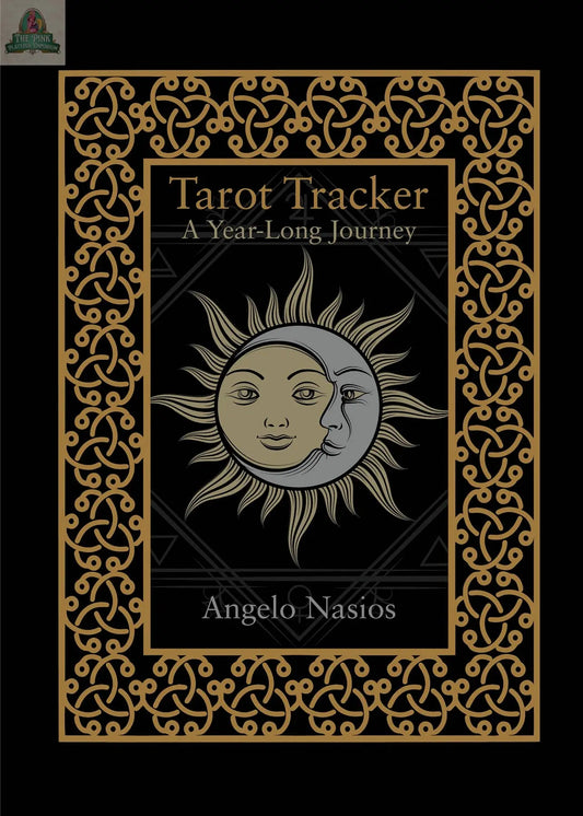 Tarot Tracker: A Year-Long Journey by REDFeather features a sun and moon face at the center, framed by an ornate gold Celtic knot border on a black cover—ideal for your annual tarot journaling.