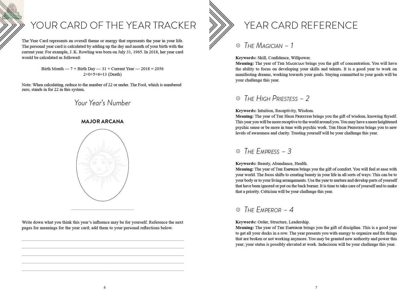 Tarot Tracker: A Year-Long Journey by REDFeather features a two-page spread with a “Card of the Year Tracker,” Your Year’s Number, and Major Arcana lists—ideal for planning your tarot calendar or daily reading logs.