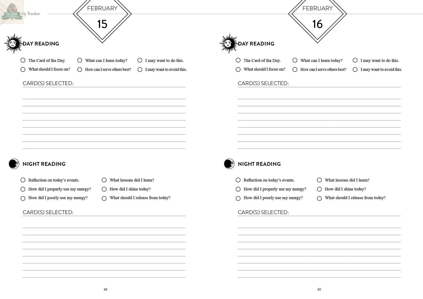 The REDFeather Tarot Tracker: A Year-Long Journey offers a two-page spread for February 15–16, with day/night reading reflections, prompt checkboxes, lined response areas, and card listing—ideal for annual or daily tarot journaling.