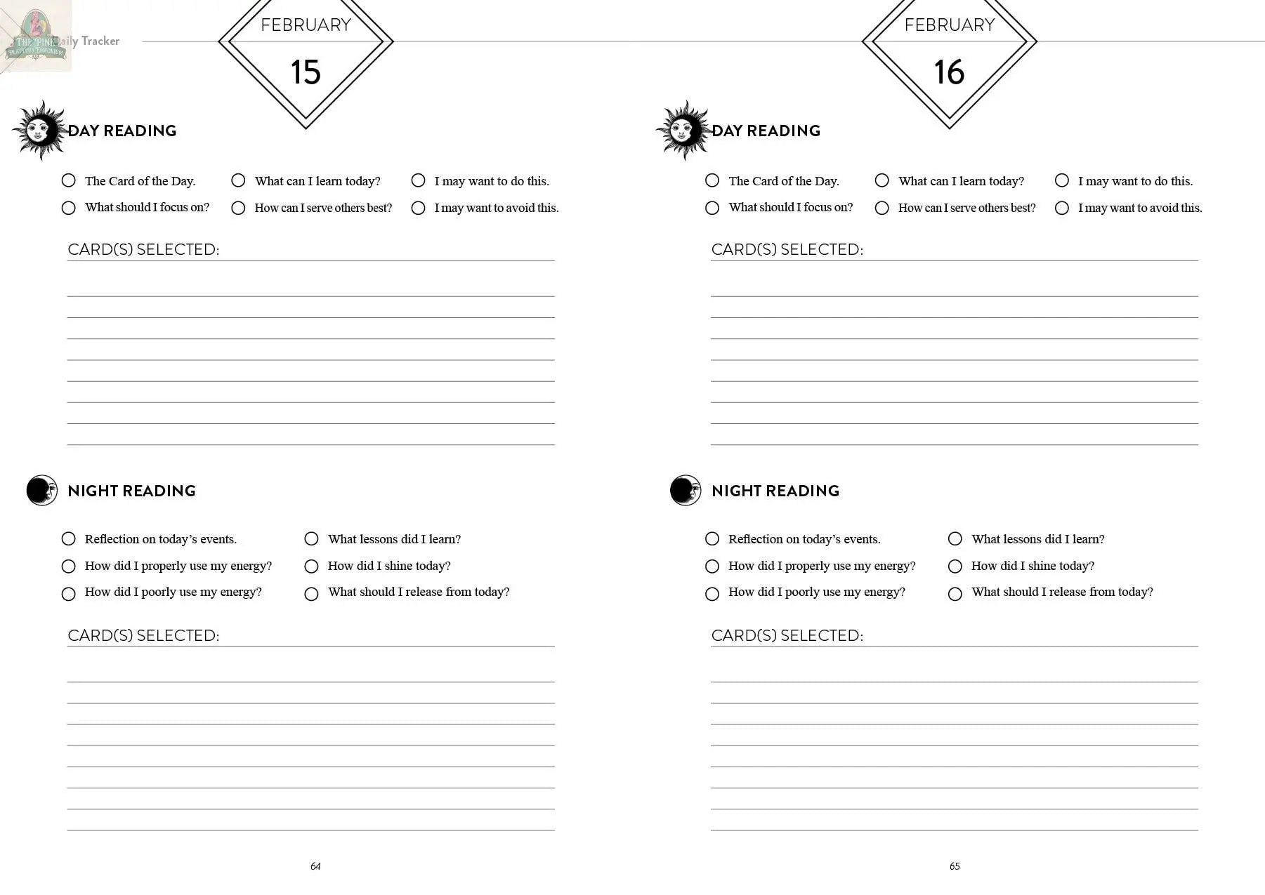 The REDFeather Tarot Tracker: A Year-Long Journey offers a two-page spread for February 15–16, with day/night reading reflections, prompt checkboxes, lined response areas, and card listing—ideal for annual or daily tarot journaling.
