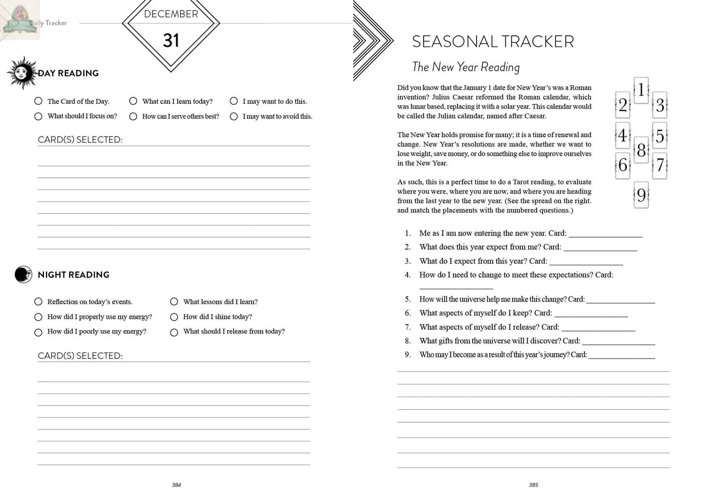 The REDFeather Tarot Tracker: A Year-Long Journey includes a December 31 spread with daily reading sections on the left and a right page Seasonal Tracker—The New Year Reading, featuring prompts and a 9-card tarot spread diagram.