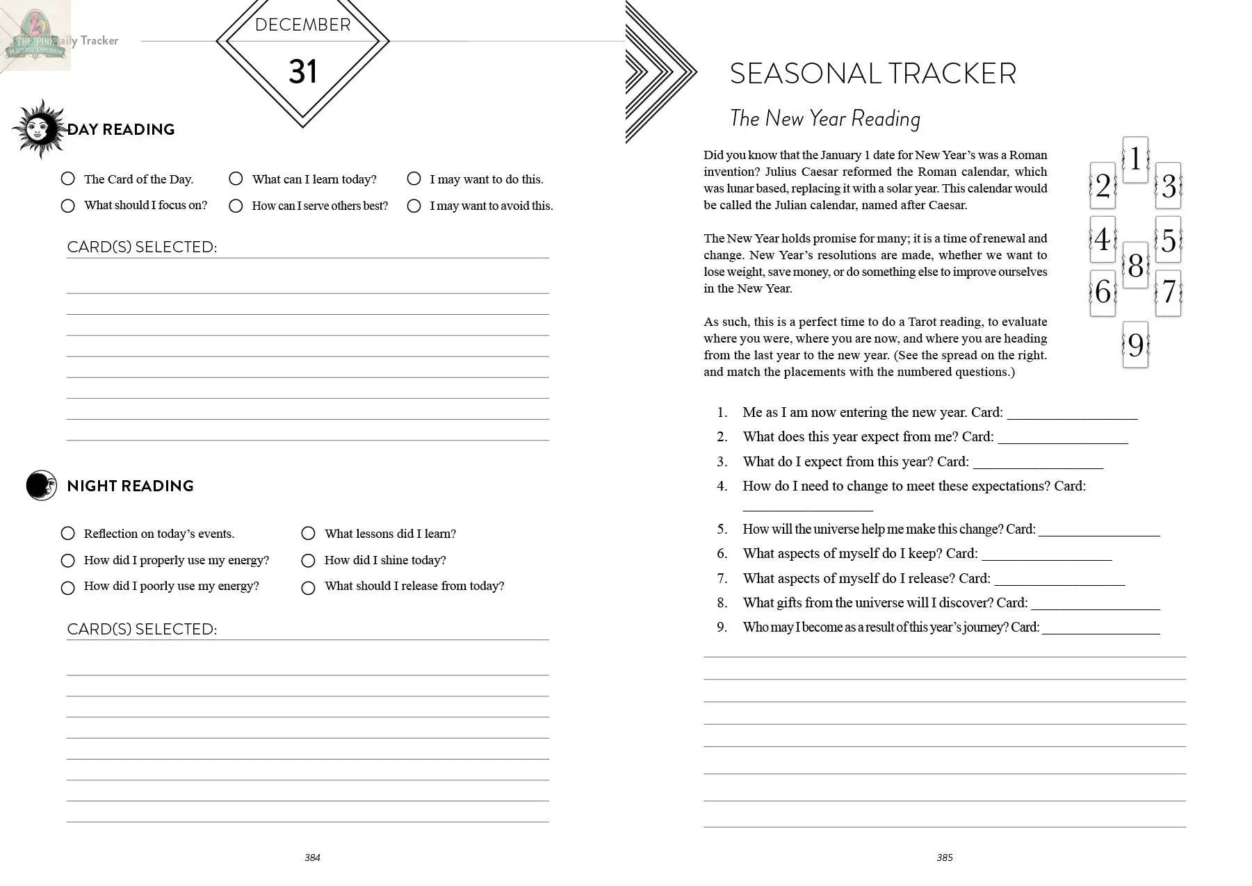 The REDFeather Tarot Tracker: A Year-Long Journey includes a December 31 spread with daily reading sections on the left and a right page Seasonal Tracker—The New Year Reading, featuring prompts and a 9-card tarot spread diagram.