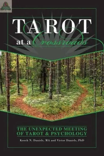 The REDFeather book "Tarot at a Crossroads" features a cover with a forest and diverging dirt path, symbolizing choices and personal journeys explored within its insightful blend of tarot reading and therapeutic guidance.
