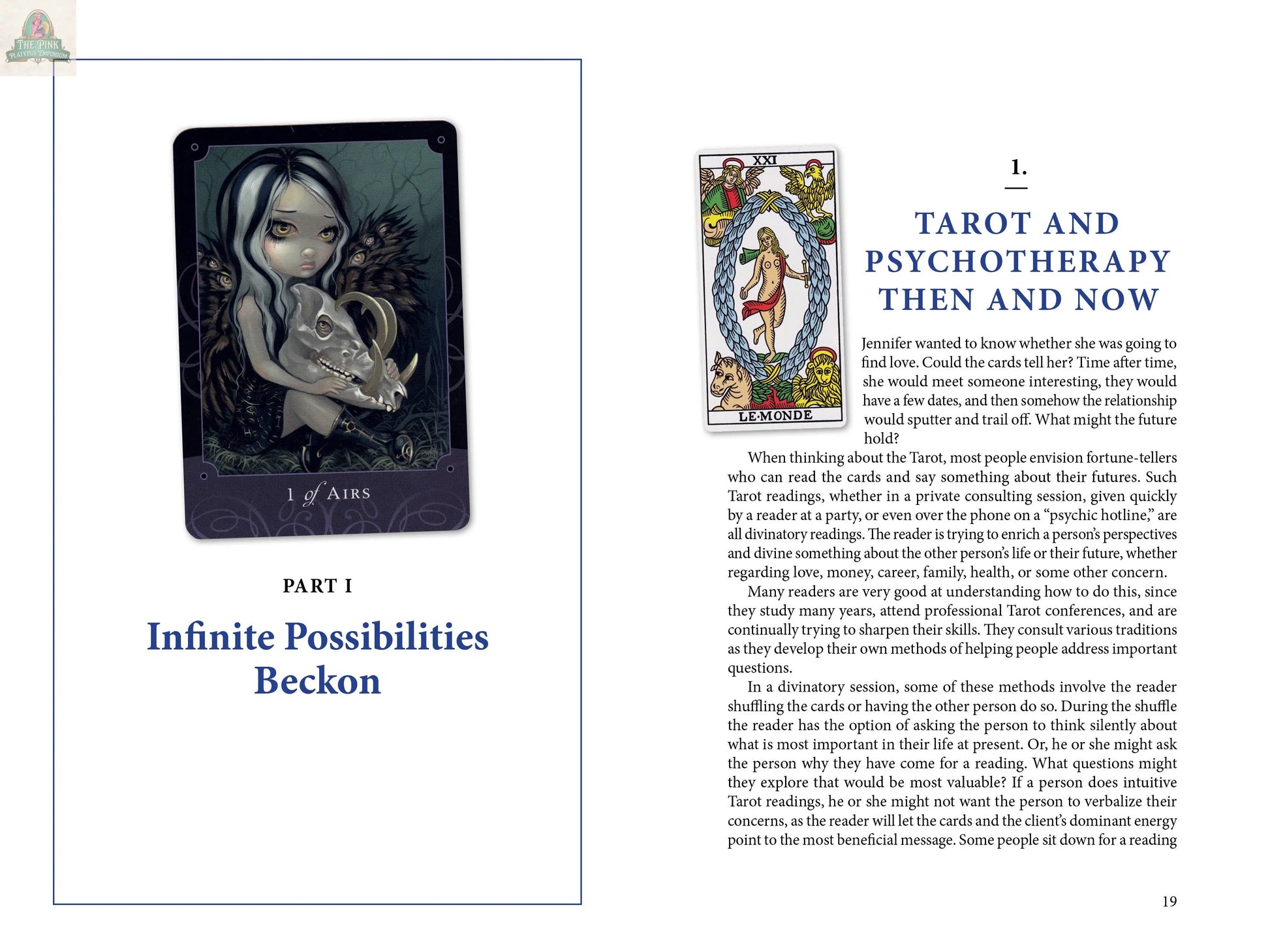A book spread from REDFeather’s Tarot at a Crossroads: left, a moody 9 of AIRS and the chapter "Infinite Possibilities Beckon"; right, THE WORLD card with tips on using tarot in therapy.