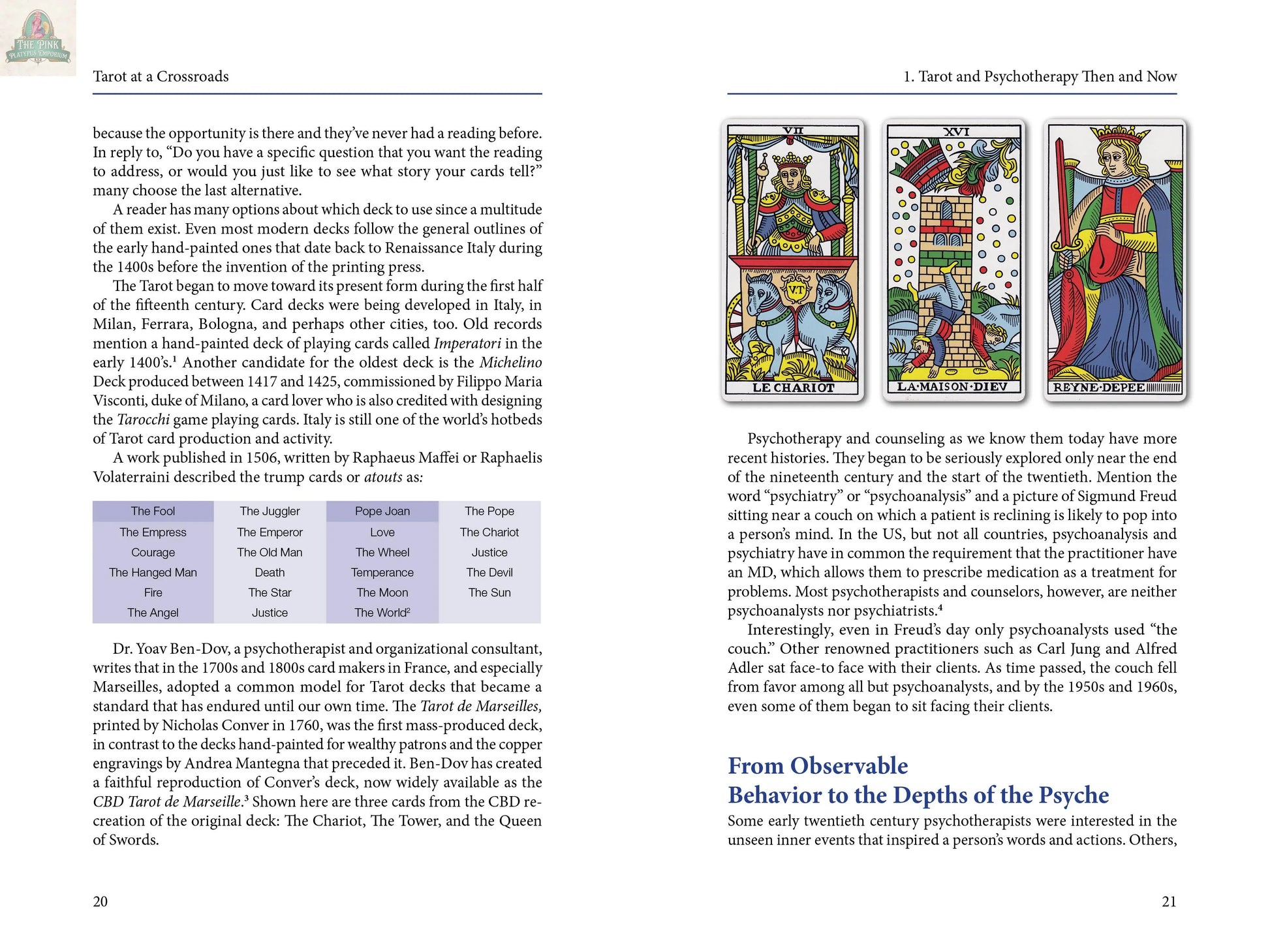 REDFeather’s Tarot at a Crossroads explores tarot readings and psychotherapy, featuring a table comparing decks and vibrant images of The Chariot, The Tower, Queen of Swords, and The World for therapeutic sessions.