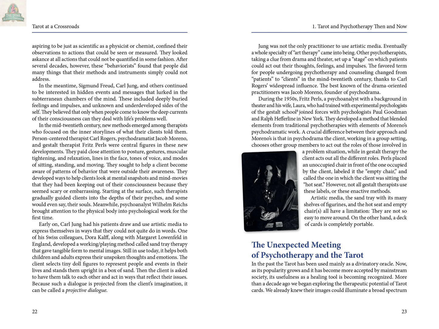 Two pages from REDFeather's "Tarot at a Crossroads" examine how tarot readings intersect with psychotherapy. The right page includes a black-and-white photo of someone reading tarot cards under "The Unexpected Meeting of Psychotherapy and the Tarot.