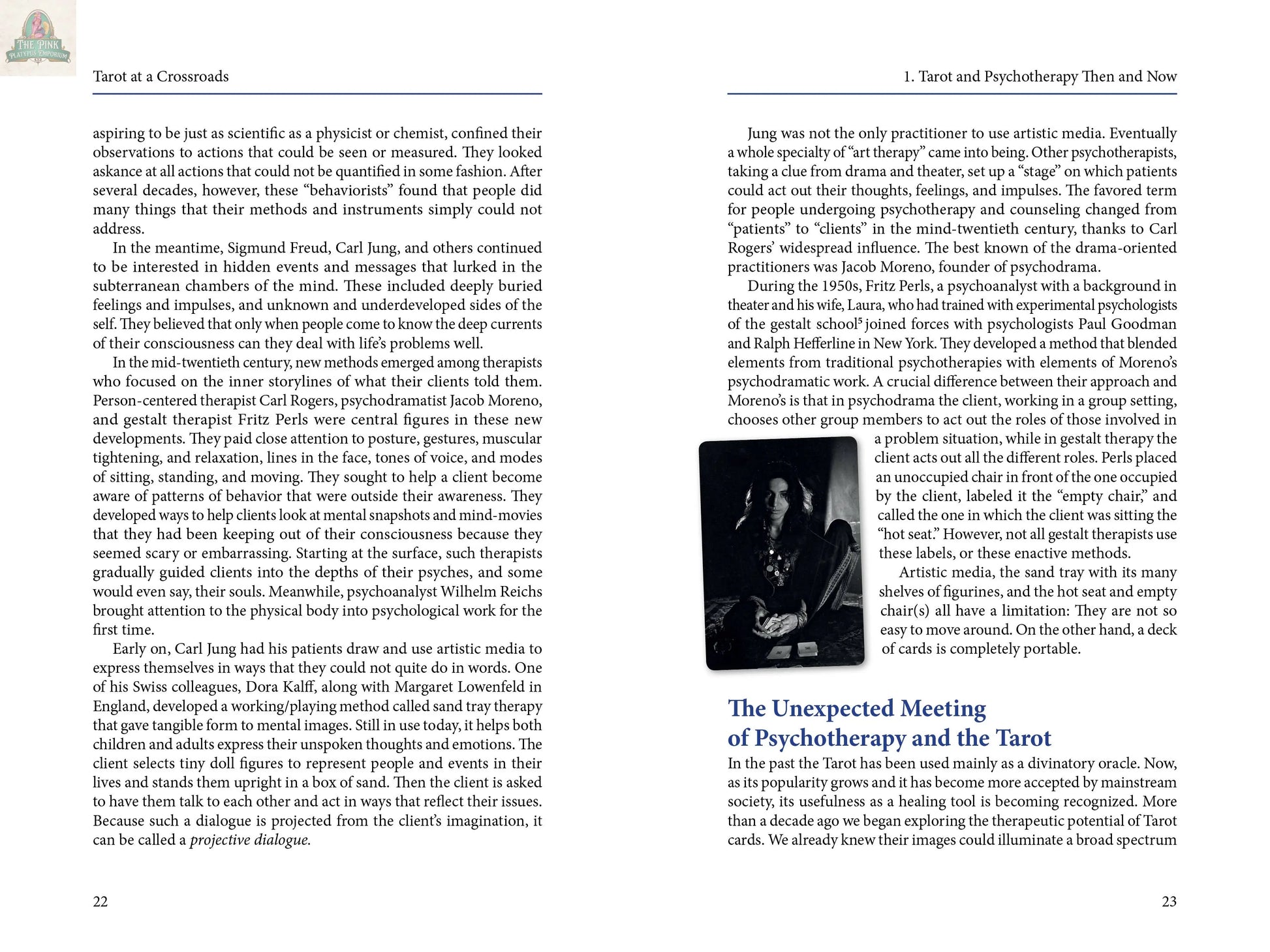 Two pages from REDFeather's "Tarot at a Crossroads" examine how tarot readings intersect with psychotherapy. The right page includes a black-and-white photo of someone reading tarot cards under "The Unexpected Meeting of Psychotherapy and the Tarot.